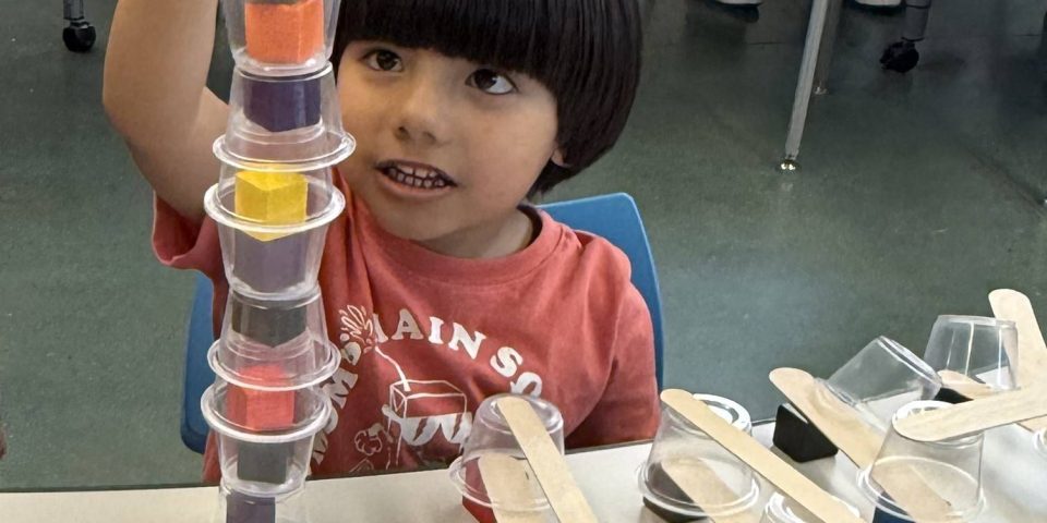 photo of a small boy bui;ding a tower of plastic blocks