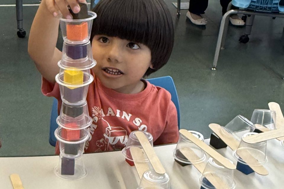 photo of a small boy bui;ding a tower of plastic blocks